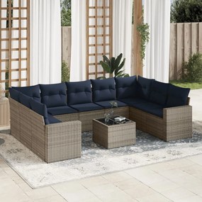 vidaXL 10 pcs conjunto sofás p/ jardim c/ almofadões vime PE cinzento