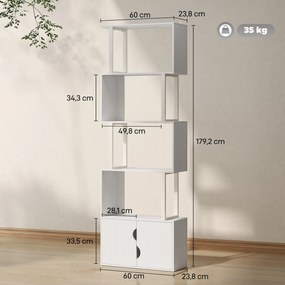 Estante de 5 Níveis em Forma de S Estante de Livros com 5 Prateleiras e 2 Portas 60x23,8x179,2 cm Branco