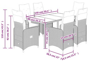 7 pcs conjunto de bistrô p/ jardim c/ almofadões vime PE preto