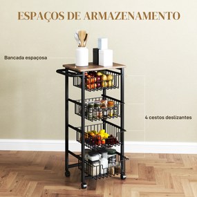 Carrinho de Cozinha com 4 Cestos Deslizáveis e Estrutura de Aço 49,5x31x91 cm Cor Carvalho