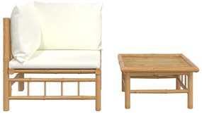 2 pcs conjunto lounge de jardim bambu c/ almofadões branco nata
