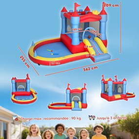 Castelo insuflável com compressor 342 C x 255 L x 209 A cm, parque infantil insuflável com escorregas, trampolim, piscina de bolas, multicolorido