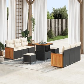 Conjunto de Sofá de Jardim vidaXL 9 Peças com Almofadas Rattan Preto Acácia