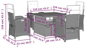 5 pcs conjunto de jantar p/ jardim com almofadões vime PE bege