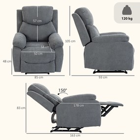 Cadeirão Reclinável Manual 150° em Tecido Efeito Linho com Apoio para os Pés e Braços Acolchoados – Cinzento Escuro