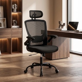 Cadeira de Escritório Ergonómica, 65 x 64 x 129 cm, Apoio Lombar e de Cabeça Reguláveis, Preto