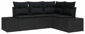 Conjunto de Sofá de Jardim de 4 Peças com Almofadas Pretas em Rattan S