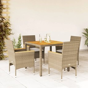 vidaXL 5 pcs conjunto jantar jardim c/ almofadões vime PE/acácia bege