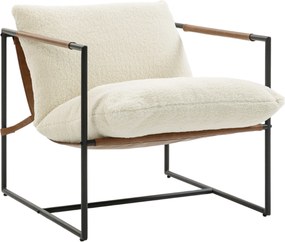 Poltrona de sala  77x91x80 cm, estofada em tecido bouclé, assento largo e estrutura em aço,, creme