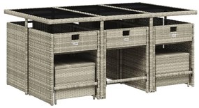 11 pcs conjunto jantar p/ jardim c/ almofadões vime PE cinzento