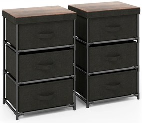 Conjunto 2 Mesas de cabeceira, mesas de apoio com 3 gavetas tecido Estrutura metálica 40 cm x 30 cm x 62 cm Preto e Castanha