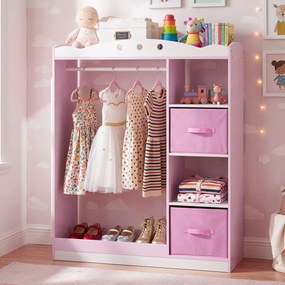Guarda roupa Infantil com Espelho, 90 x 30 x 111,5 cm, com Gavetas e Prateleiras, Rosa