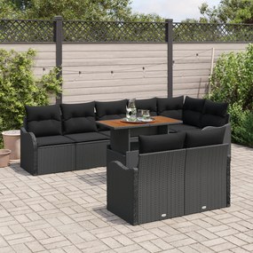 Conjunto de Sofá de Jardim de 9 Peças com Almofadas Rattan Preto