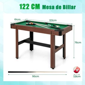 Mesa de bilhar de 122 cm para crianças e adultos Mesa de madeira com conjunto de bolas 2 paus de bilhar 2 gizes Triângulo Escova de bar Verde