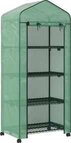 Estufa de Exterior com 4 Prateleiras e Rodas Porta Enrolável Estrutura em Aço e Cobertura de PE 140g/㎡ Anti-UV 69x50x165 cm Verde