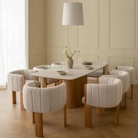 Conjunto De Mesa Retangular 200x100 Cm Com Chapa De Cerâmica Aura E 8 Cadeiras De Jantar Em Tecido Bouclé Leo Cerâmica - Sklum