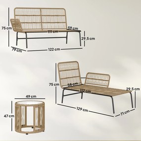 Conjunto de Móveis de Jardim Exterior em Ratã com Sofá de 2 Lugares Chaise Longue Almofadas e Mesa Creme