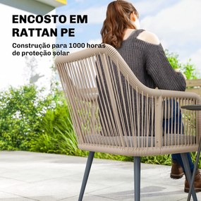 Conjunto de 2 Cadeiras de Jardim Exterior em Vime (MESA NÃO INCLUIDA) com Almofadas Apoios de Braço e Estrutura de Aço 54x65x80 cm Cinza