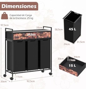 Carrinho para roupa suja com 3 compartimentos 92,5 x 33 x 97,5 cm, 135 L, com rodas, 3 sacos removíveis e 2 gavetas em tecido Oxford para casa de banh