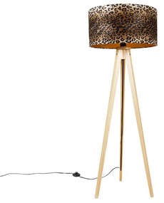 Candeeiro de pé tripé natural com cúpula de leopardo 50 cm - Tripod Classic