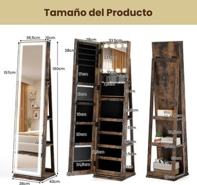Armário giratório para joias 360° com espelho de corpo inteiro 43 x 38 x 160 cm iluminado e prateleiras traseiras 3 caixas Castanho