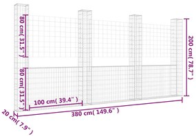 Cesto gabião em forma de U c/ 4 postes 380x20x200 cm ferro