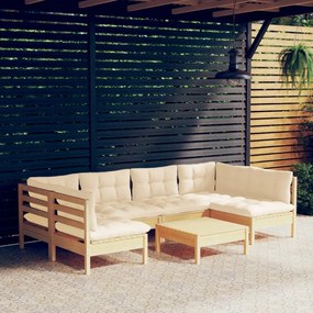 vidaXL 7 pcs conjunto lounge jardim c/ almofadões creme pinho maciço