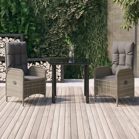 vidaXL 3 pcs conj. jantar p/ jardim c/ almofadões vime PE preto/cinza