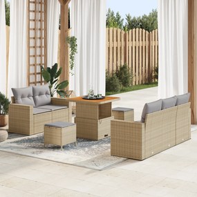 Conjunto de Sofás de Jardim 8 Peças com Almofadas Bege Rattan Poliéste
