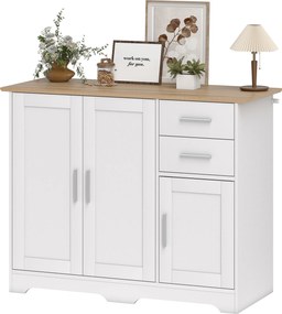 Aparador de sala, móvel de arrumação com 2 gavetas, 3 portas e prateleira ajustável, 100 x 40 x 78 cm, branco e madeira natural