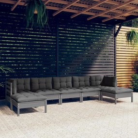 7 pcs conjunto lounge de jardim c/ almofadões pinho cinza