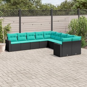 10 pcs conjunto de sofás p/ jardim c/ almofadões vime PE preto