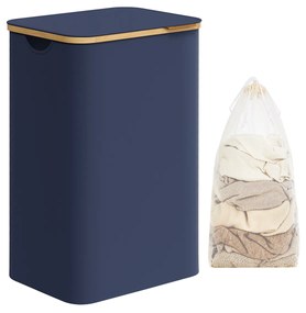 Cesto de roupa suja SONGMICS com tampa, cesto grande para roupa suja, 90 L, forro de malha removível, tecido Oxford, alças de bambu, dobrável, 42 x 32 x 70,5 cm, azul-escuro LCB509Q01
