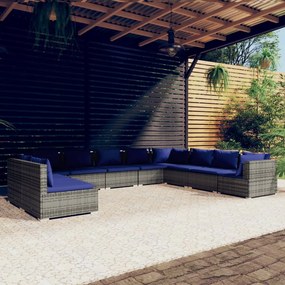 10 pcs conjunto lounge de jardim c/ almofadões vime PE cinza