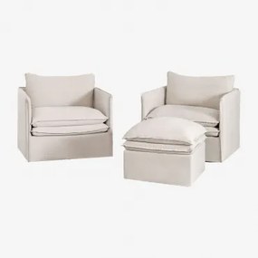 Conjunto De Sala De Estar Com 2 Poltronas E Um Pufe Em Linho E Algodão Grace Tecido Beige - Sklum