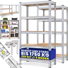 Conjunto de 2 estantes para cargas pesadas galvanizadas com capacidade de carga 875 kg, 180 x 90 x 40 cm Prateado
