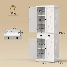 Armário Alto de Cozinha com 4 Portas, 62 x 38 x 173 cm, Prateleiras Ajustáveis, Branco