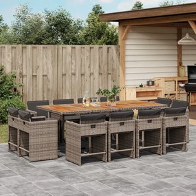 13 pcs conjunto jantar p/ jardim c/ almofadões vime PE cinzento