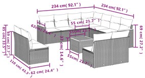 12 pcs conjunto de sofás de jardim c/ almofadões vime PE preto
