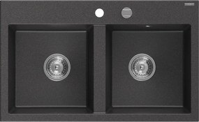 Mexen Hektor lava-loiça de granito 2-cubas 800 x 480 mm, preto salpicado, sifão cromado - 6521802000-76