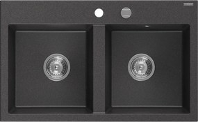 Mexen Hektor lava-loiça de granito 2-cubas 800 x 480 mm, preto salpicado, sifão cromado - 6521802000-76