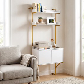 Estante em escada de 4 níveis com prateleiras abertas e portas 67 x 48 x 181 cm, Estrutura metálica, para arrumação na sala ou no escritório, Branco +
