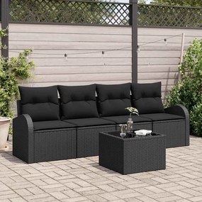 vidaXL Conjunto de Sofás de Jardim de 5 Peças com Almofadas Preto Rattan Poliéster