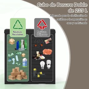 Caixote do lixo duplo de 235 L com bandeja para líquidos e tampas escalonadas para interiores e exteriores 77 x 40 x 86 cm Preto