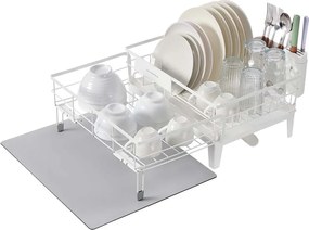 Escorredor de pratos (31-56) x 42 x 20 cm com tapete de silicone e ralo, branco mate-cinza