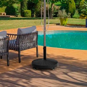 Base para guarda-sol de 43,5 cm em resina, carga 23 kg com rodas bloqueáveis, orifício ajustável para poste, design em rattan Preto