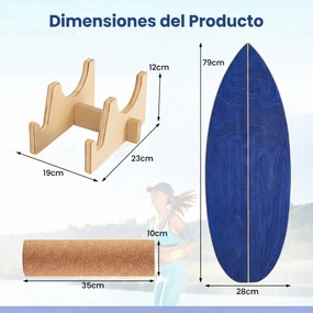 Prancha de equilíbrio para adultos em madeira com rolo de cortiça e estante de arrumação para treino do tronco e surf oscilante azul-marinho
