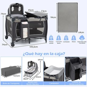 Berço com Centro de atividades 5 em 1 para bebés, parque e mesa para trocar fraldas. Inclui brinquedos suspensos, caixa de música, rodas e cesto. Pret