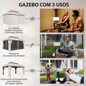 Pérgola de Jardim 390x290x270 cm com 4 Cortinas Laterais 4 Telas Mosquiteiras e 8 Orifícios de Drenagem Creme