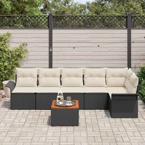 Sofá de Jardim 7 peças com almofadas pretas em rattan sintético e acác